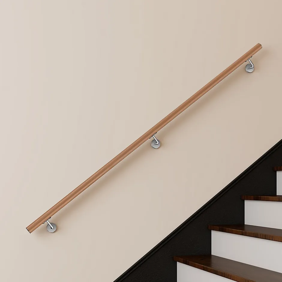 Main courante 200cm, inox 304, Design naturel aspect bois, rampe d'escalier ronde, avec 3 supports muraux, intérieur & extérieur-AICA Sanitaire New