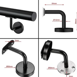 Main courante 120cm, inox 304, Noir mat, rampe d'escalier ronde, avec 2 supports muraux, intérieur & extérieur-AICA Sanitaire Clearance