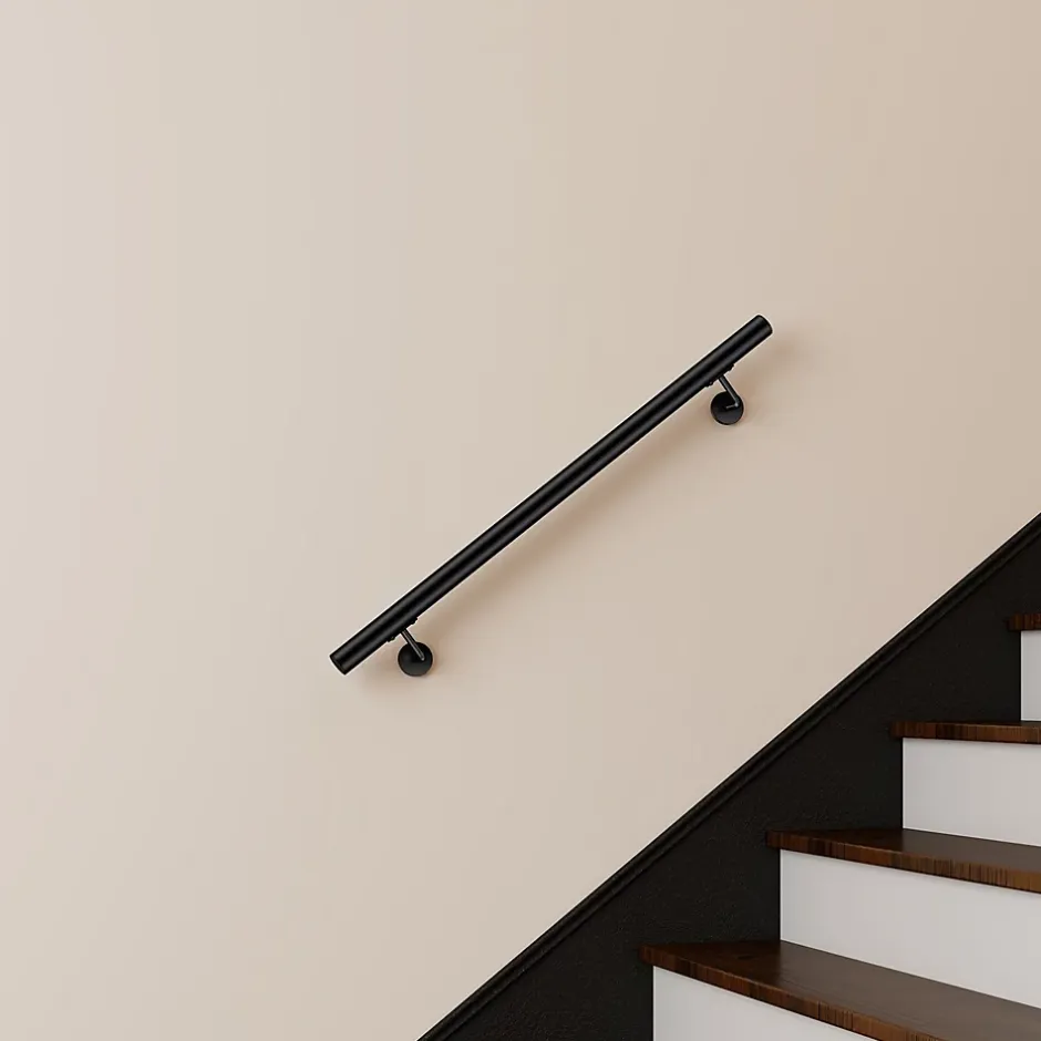 Main courante 100cm, inox 304, Noir mat, rampe d'escalier ronde, avec 2 supports muraux, intérieur & extérieur-AICA Sanitaire Clearance