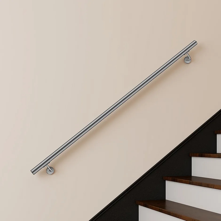 Main courante 180cm, inox 304, rampe d'escalier ronde, avec 2 supports muraux, intérieur & extérieur-AICA Sanitaire Sale