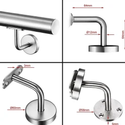 Main courante 180cm, inox 304, rampe d'escalier ronde, avec 2 supports muraux, intérieur & extérieur-AICA Sanitaire Sale