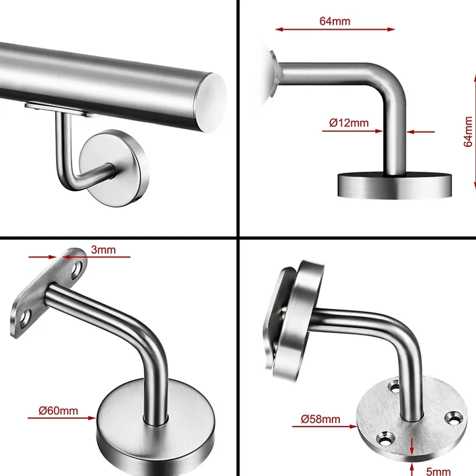 Main courante 180cm, inox 304, rampe d'escalier ronde, avec 2 supports muraux, intérieur & extérieur-AICA Sanitaire Sale