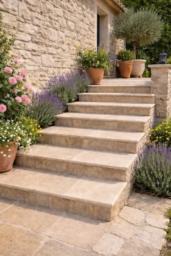 Ligerio Marche d'escalier en travertin naturel mix bords arrondis interieur exterieur