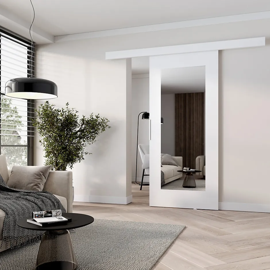 , porte coulissante CLEAN I 96 cm portes de chambre, avec miroir, Blanc-MINIO go for it Clearance