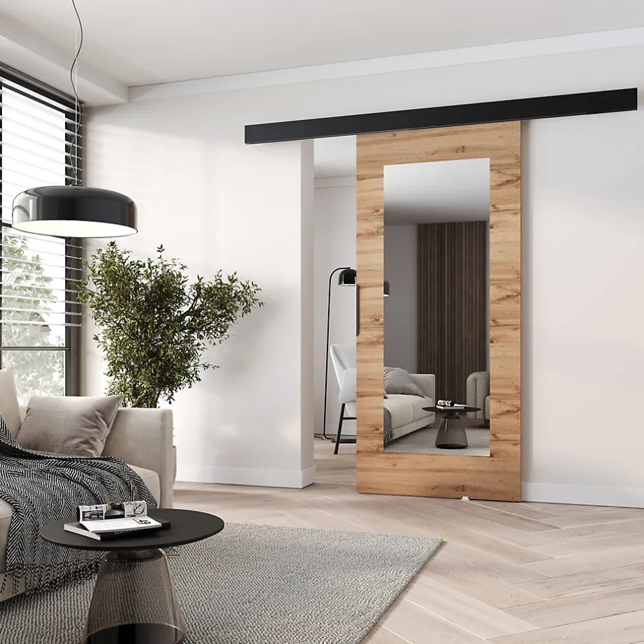 , porte coulissante PRIM, 106 cm, avec miroir, Chêne Wotan / Noir-MINIO go for it Outlet