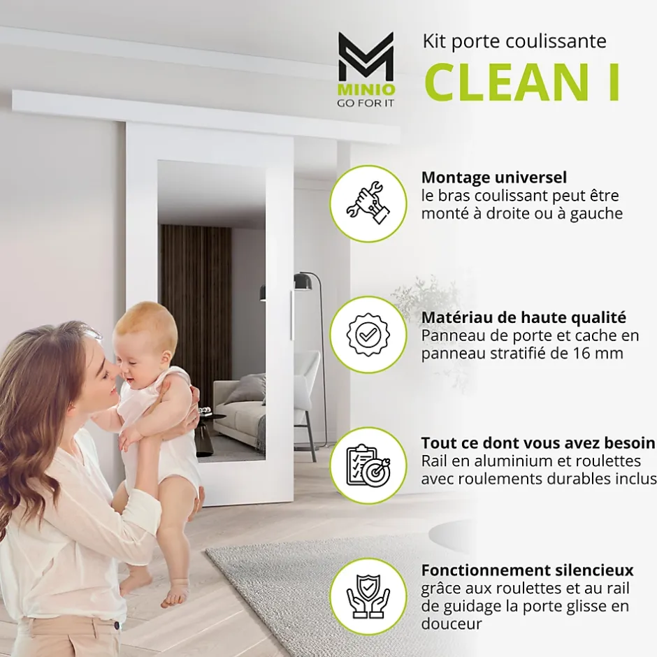 MINIO go for it , porte coulissante CLEAN I 96 cm portes de chambre, avec miroir, Chêne Sonoma