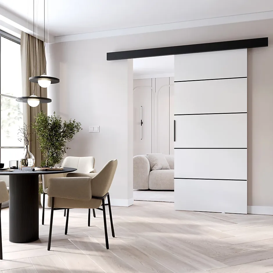 , porte coulissante PRIM 1K 106 cm, Baguette décorative, panneau supérieur, poignée de porte en noir, Blanc / Noir-MINIO go for it Sale