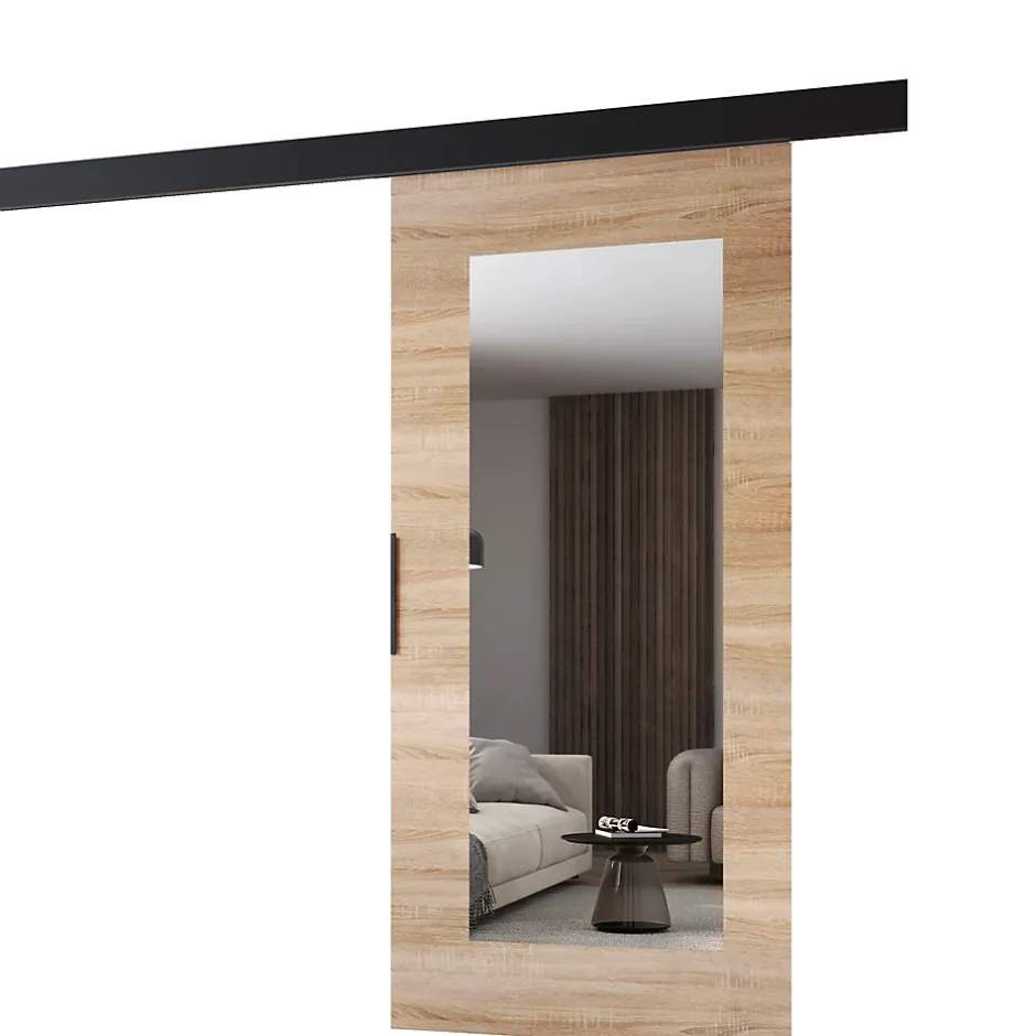 , porte coulissante PRIM, 106 cm, avec miroir, Chêne Sonoma / Noir-MINIO go for it Discount