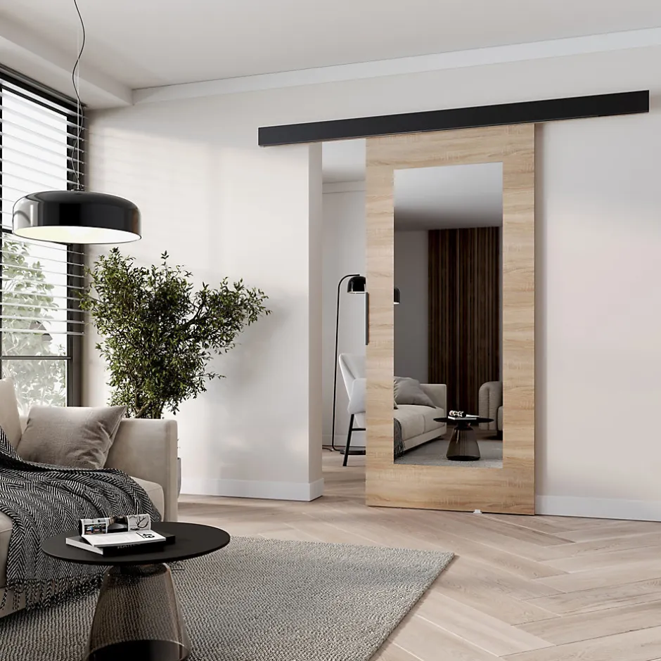 , porte coulissante PRIM, 106 cm, avec miroir, Chêne Sonoma / Noir-MINIO go for it Discount