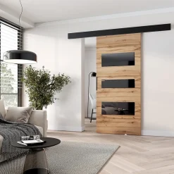 , porte coulissante PRIM C 96 cm, Chêne Wotan / noir / éléments décoratifs-noir / poignée noire-MINIO go for it New