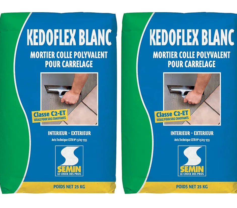 Semin Mortier Colle Polyvalent pour Carrelage Kedoflex Blanc , Intérieur/Extérieur, sac de 25 kg, lot de 2