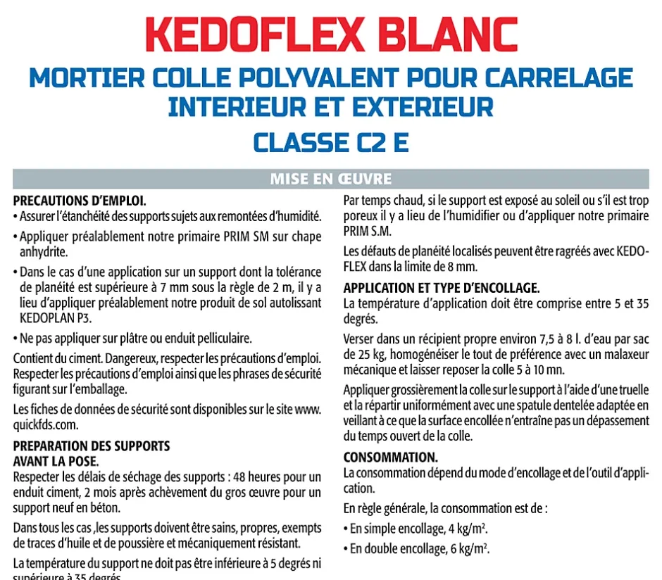Semin Mortier Colle Polyvalent pour Carrelage Kedoflex Blanc , Intérieur/Extérieur, sac de 25 kg, lot de 2