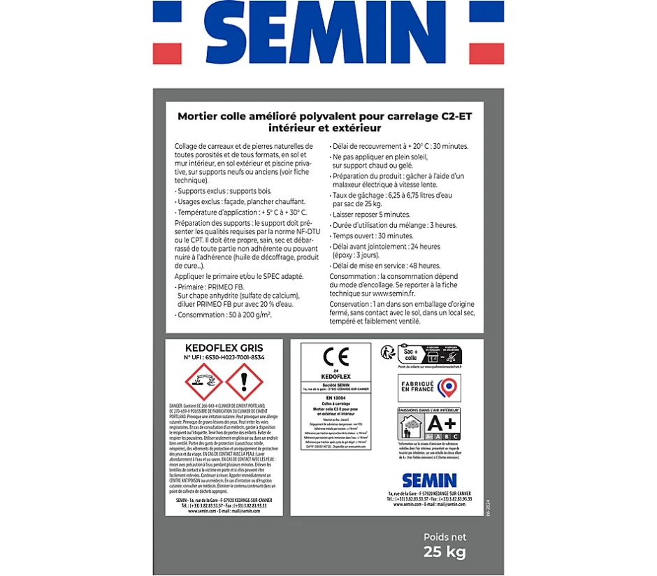 Mortier Colle Polyvalent pour Carrelage Kedoflex Gris , Intérieur/Extérieur, sac de 25 kg-Semin Hot