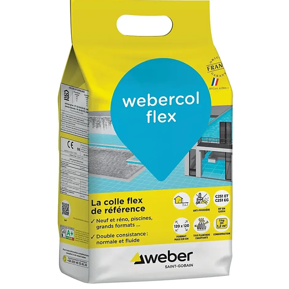 Weber Mortier colle pour carrelage COL FLEX intérieur et extérieur (C2S1 et EG) - Sac 5 Kg - BLANC
