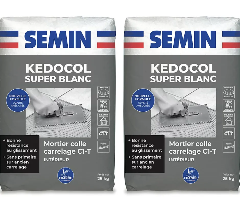 Mortier Colle pour Carrelage Kedocol Super Blanc , Poudre, Intérieur, sac de 25 kg, lot de 2-Semin Sale