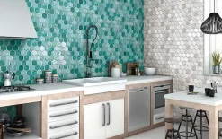 Carrelage Signature Mosaique de ceramique Hexagone Turquoise - vendu par plaque de 29,4X25,5 Cm -