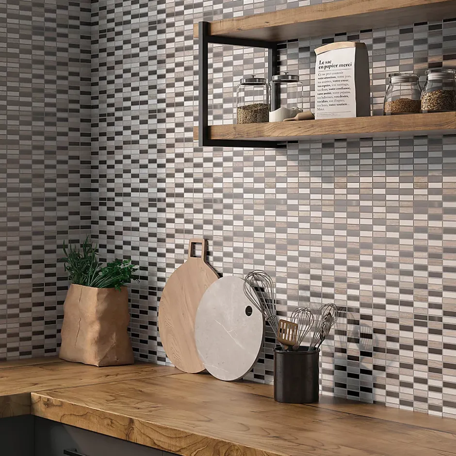 Mosaique de marbre Barrettes Blanc et Beige + Inox Argent - vendu par plaque de 30X30 cm --Carrelage Signature Sale