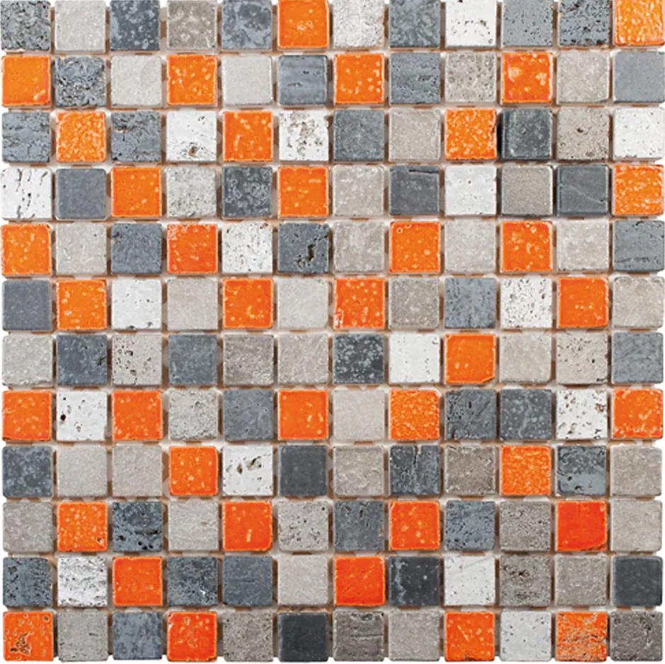Carrelage Signature Mosaique de marbre peint 2.3 X 2.3 cm Gris et Orange - vendu par plaque de 30X30 cm -