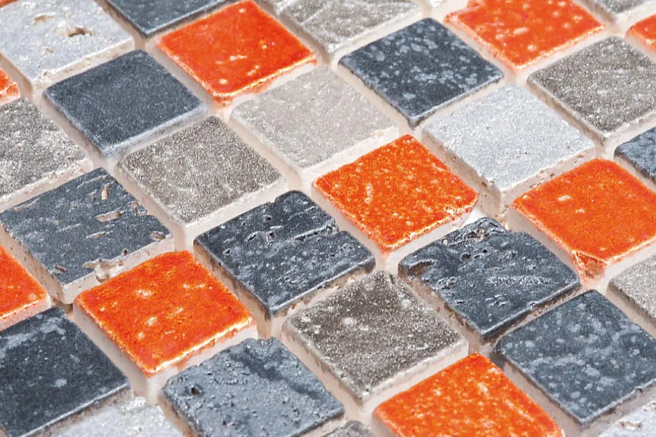 Carrelage Signature Mosaique de marbre peint 2.3 X 2.3 cm Gris et Orange - vendu par plaque de 30X30 cm -