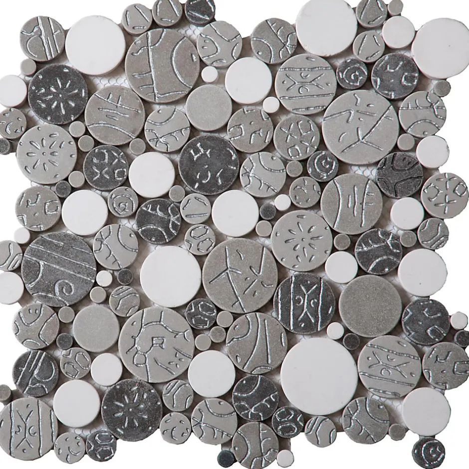 Mosaique de pierre reconstituee Rond Taupe Blanc et Argent - vendu par plaque de 30 X 30 cm-Carrelage Signature Best