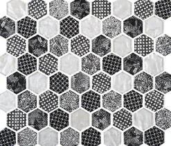 Carrelage Signature Mosaique de Verre Hexagone Blanc et Noir - vendu par plaque de 26.5 X 29.6 cm -