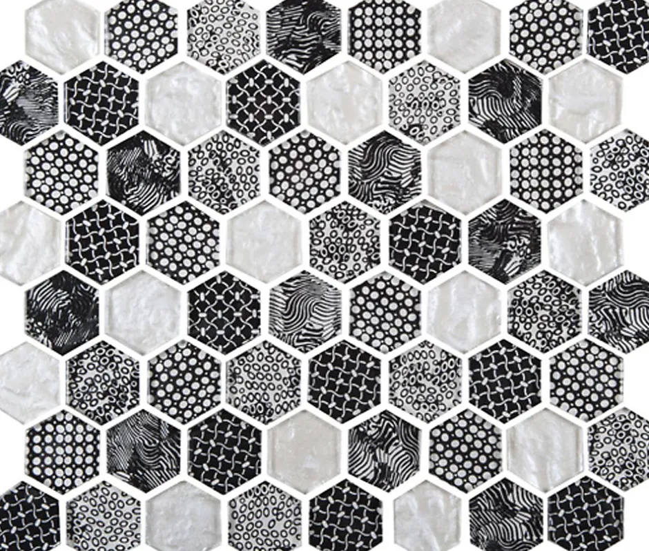 Carrelage Signature Mosaique de Verre Hexagone Blanc et Noir - vendu par plaque de 26.5 X 29.6 cm -