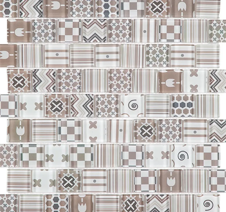 Carrelage Signature Mosaique de Verre Motif Carreau Ciment Beige Marron - vendu par plaque de 29X29 cm -