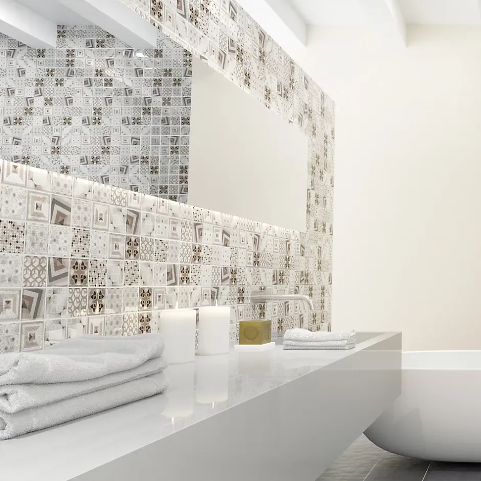 Mosaique de Verre Motif Carreau Ciment Beige 7.5 X 7.5 cm - vendu par plaque de 29.8X29.8 cm --Carrelage Signature Best