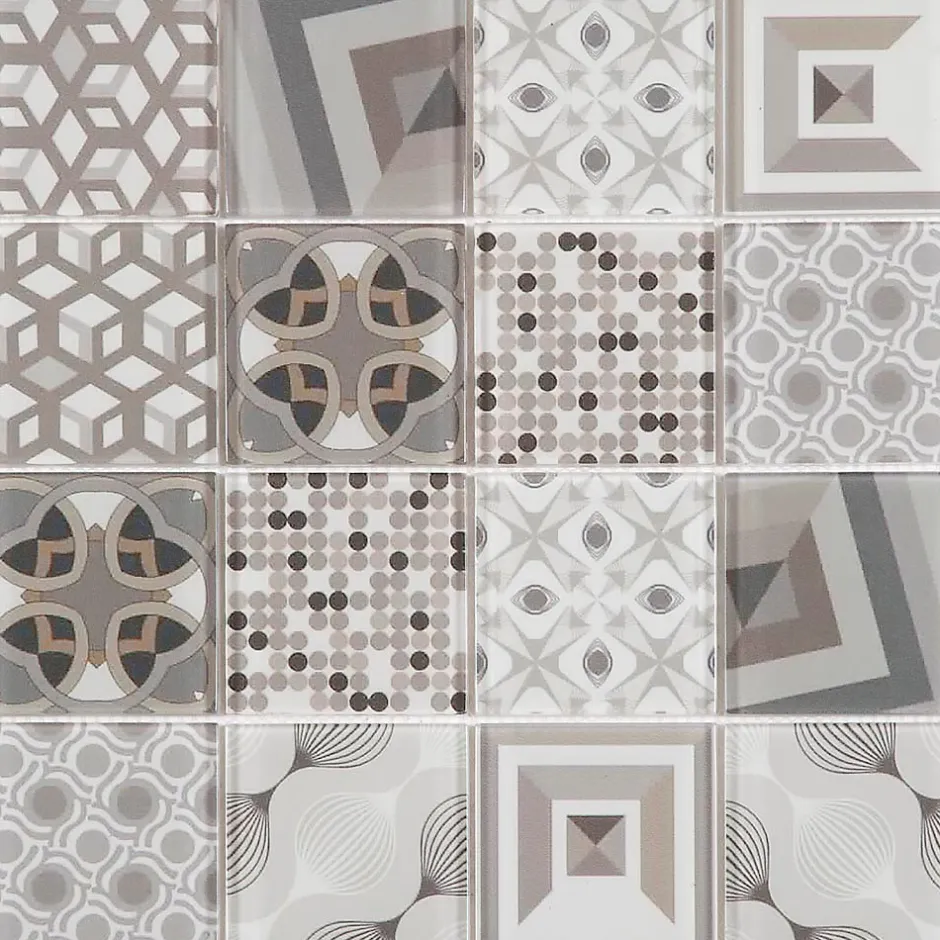 Mosaique de Verre Motif Carreau Ciment Beige 7.5 X 7.5 cm - vendu par plaque de 29.8X29.8 cm --Carrelage Signature Best