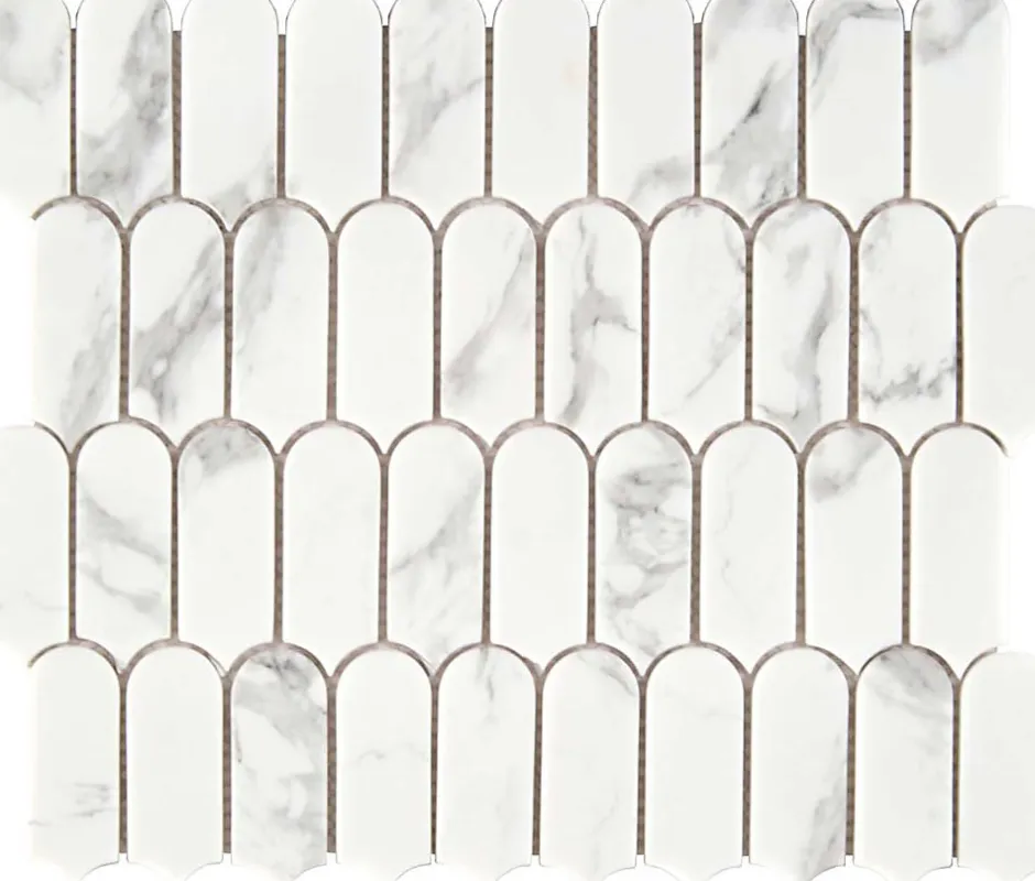 Carrelage Signature Mosaique de Verre Recycle blanc et Marbré forme Ecaille Longue - vendu par plaque de 29,8X25,8 cm -