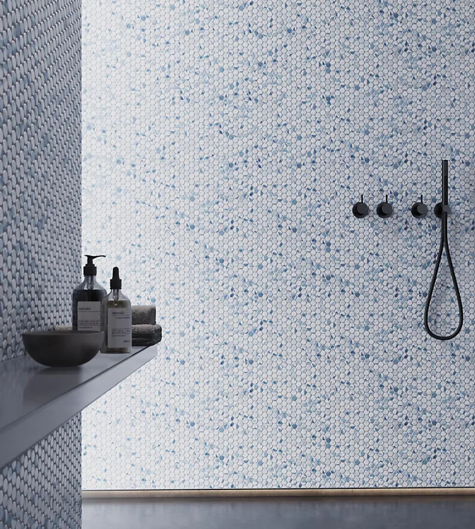 Carrelage Signature Mosaique de verre recycle Ronde Blanc Bleu Geo - vendu par plaque de 29,7X30,5 cm-