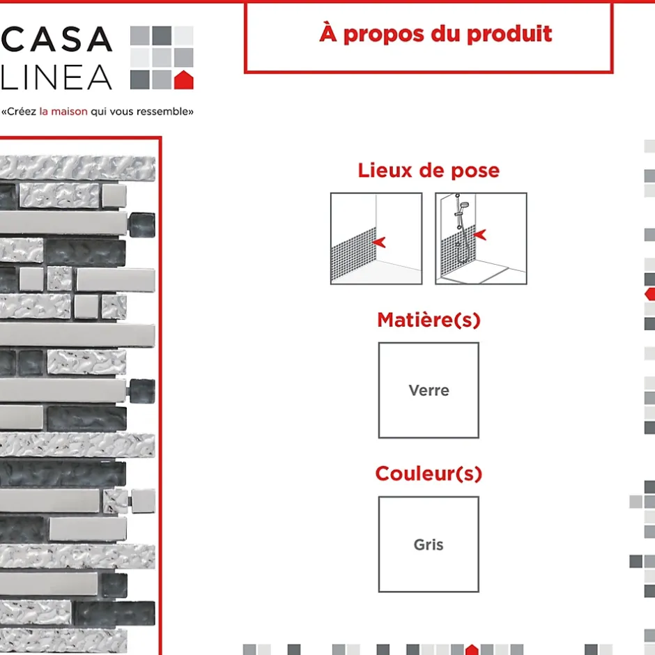 Casa Linéa MOSAIQUE LES TENDANCES VERMETAL TUBE GRIS 1 PLAQUE 30 x 30 CM CASA LINEA