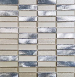 Carrelage Signature Mosaïque d'aluminium brosse et verre Mix beige Barrettes 2X7.3 cm - vendu par plaque de 30.3X29.7 cm -