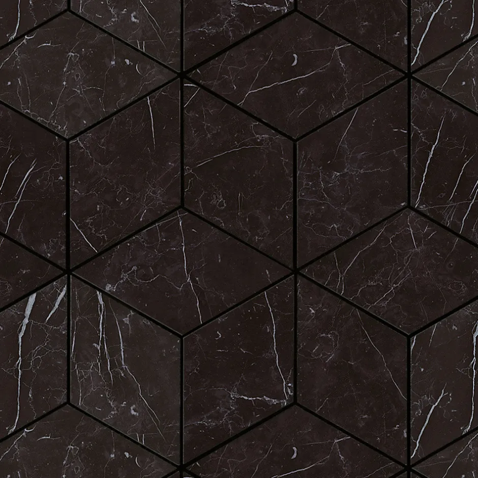 Ro'Ma Carrelage Mosaïque effet Marbre Noir Marquina Hexa Cube 35x30x0,95 cm Brillant Marvillo - Mur intérieur (vendu par carton de 0,42 m²) - RO'M