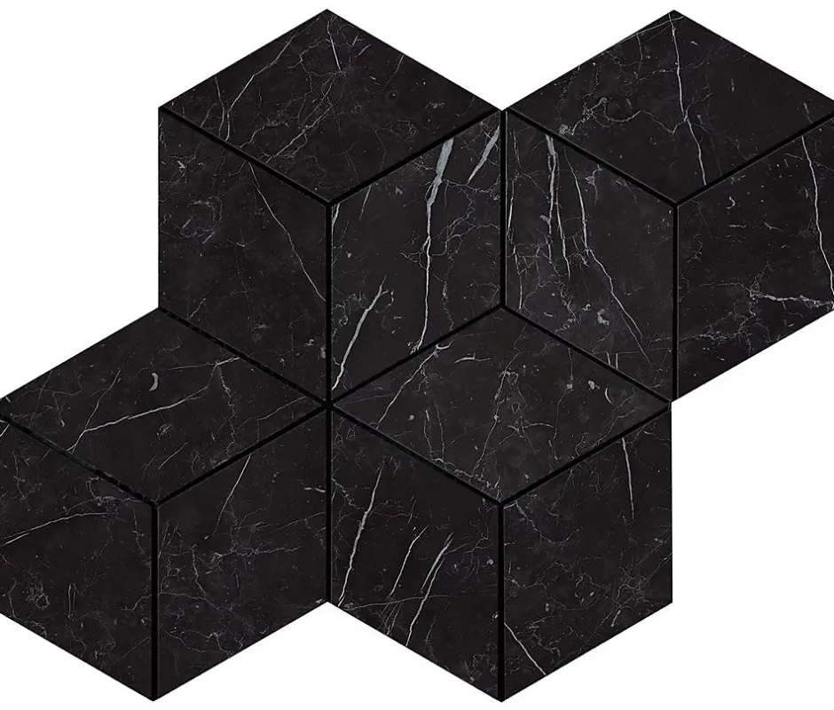 Ro'Ma Carrelage Mosaïque effet Marbre Noir Marquina Hexa Cube 35x30x0,95 cm Brillant Marvillo - Mur intérieur (vendu par carton de 0,42 m²) - RO'M