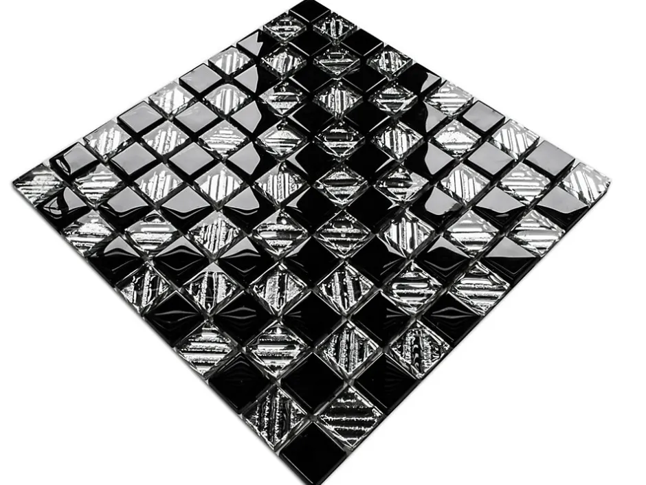 Ilcom Mosaïque en verre sur filet pour salle de bain ou cuisine 30 cm x 30 cm - Black chess