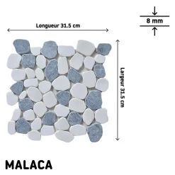 Mosaïque sol et mur en pierre galets blancs et gris L.31 x l.31,5 cm x ép.8 mm, Malaca