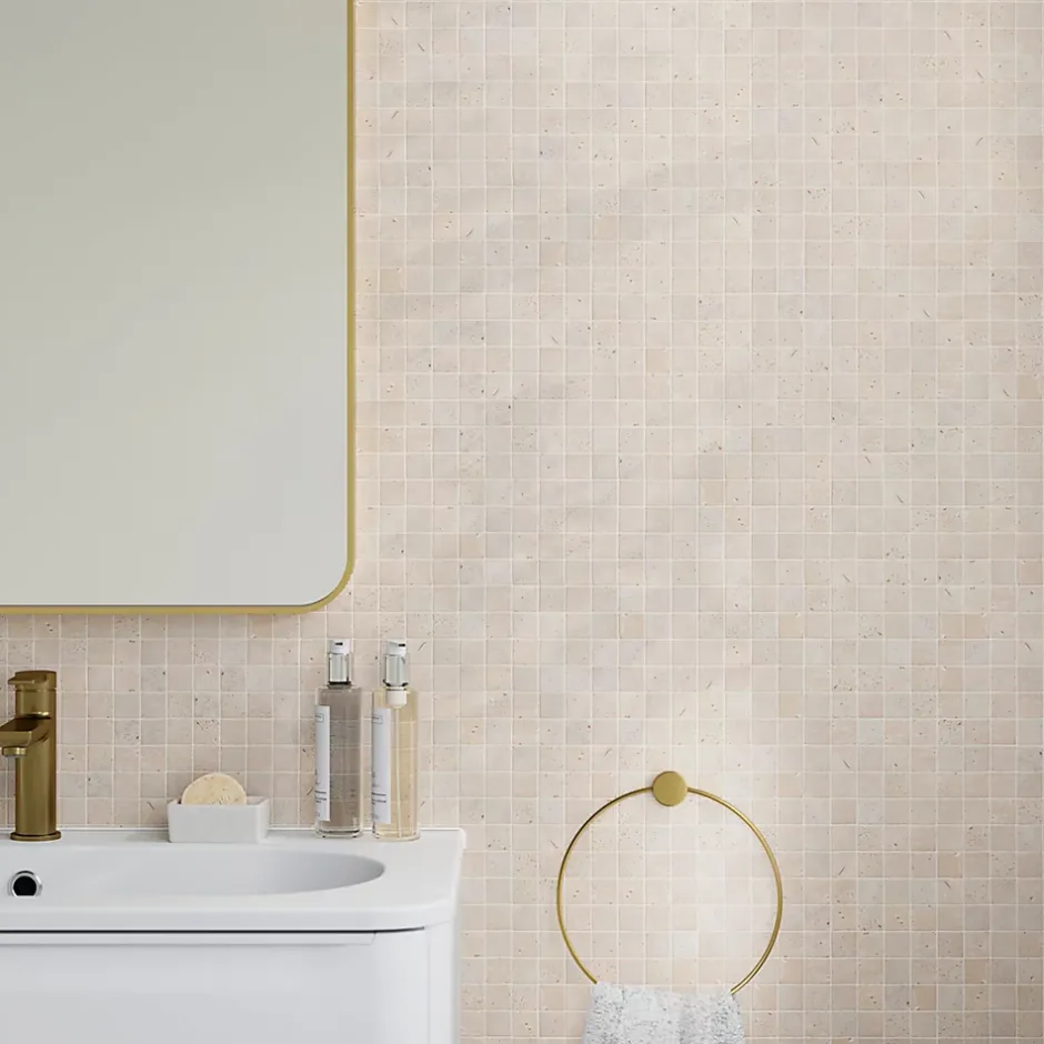 Mosaïque sol et mur en travertin petits carrés L.30,5 x l.30,5 cm x ép.8 mm, Travertino