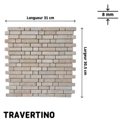 Mosaïque sol et mur en travertin motif petites briquettes L.31 x l.30,5 cm x ép.8 mm, Travertino