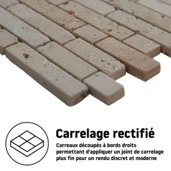 Mosaïque sol et mur en travertin motif petites briquettes L.31 x l.30,5 cm x ép.8 mm, Travertino