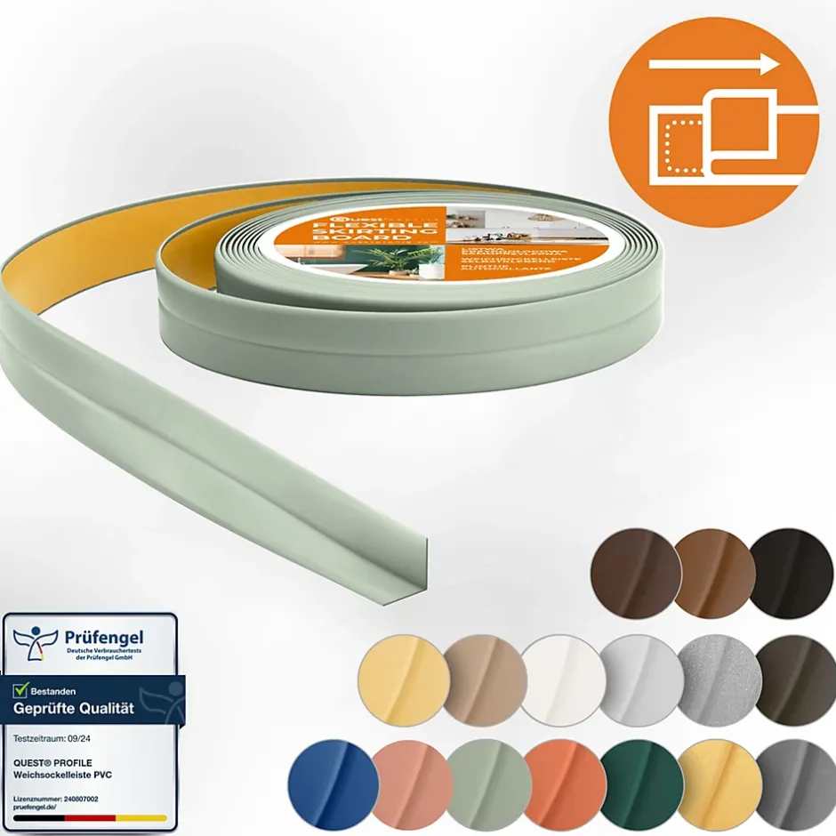 Quest Moulure Souple en PVC 10x10 mm, Auto-Adhésive avec Bande Mousse, Plinthe Souple, pour Finitions et Étanchéité des Jonctions, vert