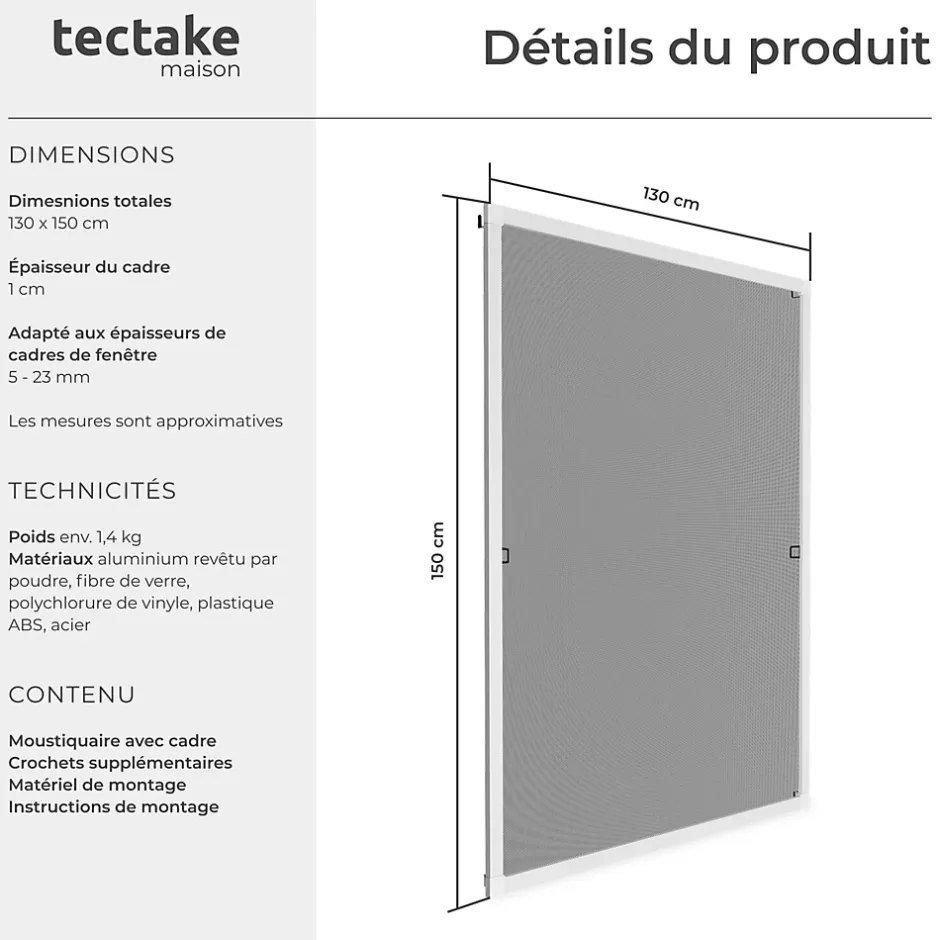 Tectake Moustiquaire pour Fenêtres Découpe individuelle sans percer ni visser