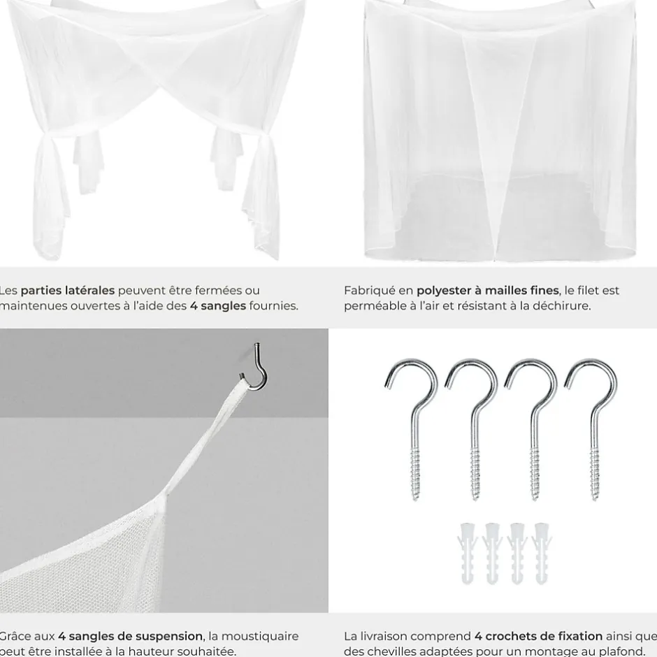 Tectake Moustiquaire pour lits simples et doubles Maillage serré Lavable 220x200x210cm