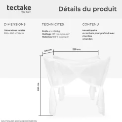 Tectake Moustiquaire pour lits simples et doubles Maillage serré Lavable 220x200x210cm