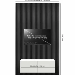 Decoon Mur TV - Lot de 5 Panneaux tasseaux bois 250 x 30 x 1,9 cm - Lamelles placage noir fond noir - 3,75m²