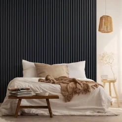 Decoon Mur TV - Lot de 5 Panneaux tasseaux bois 250 x 30 x 1,9 cm - bleu nuit/feutrine noir - 3,75m²