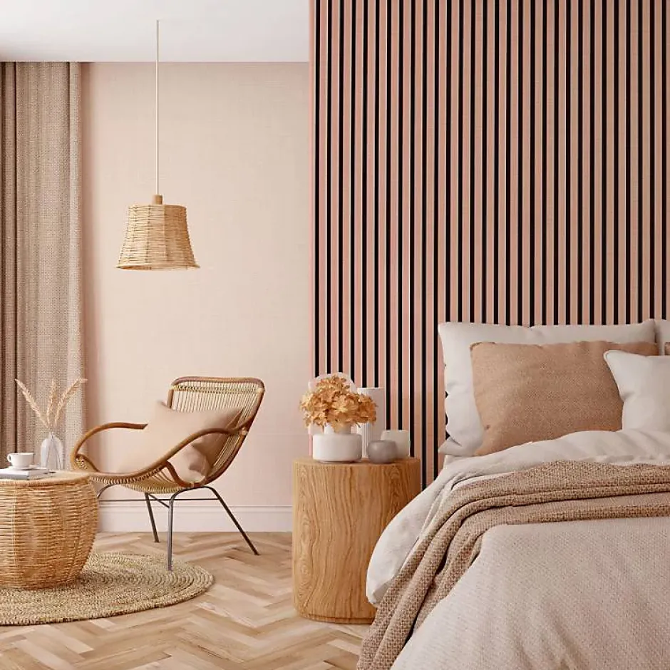 Mur TV - Lot de 5 Panneaux tasseaux bois 250 x 30 x 1,9 cm - rose pastel/feutrine noir - 3,75m²-Decoon Clearance