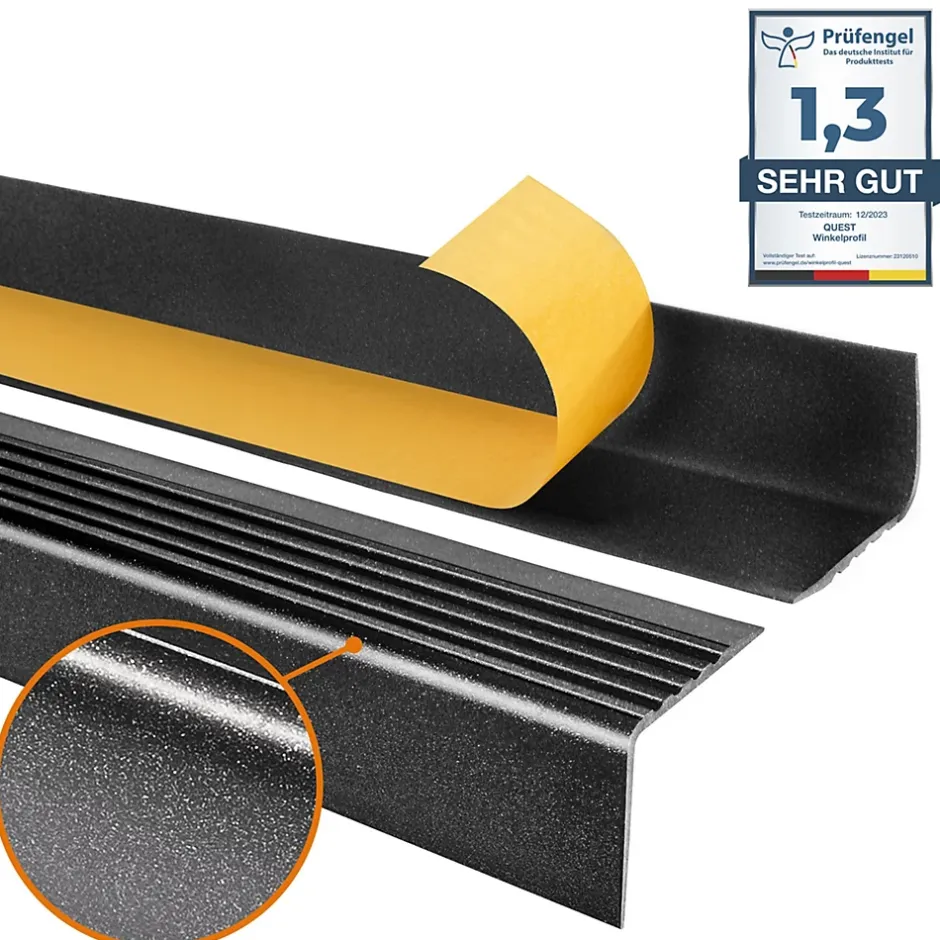 Quest Nez de marche PVC 50x42mm, , profilé d'escalier RGP, auto-adhésif, antidérapant, d'escalier-protection, noir-argent, 1.8m