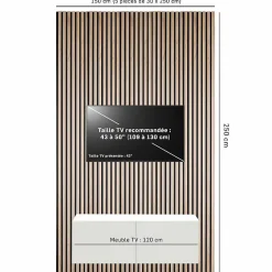 Decoon Pack Acoustic Mur TV tasseaux bois - Lot de 5 panneaux 250x30x1,9 cm - Lamelles chêne clair véritable fond noir - 3,75m²