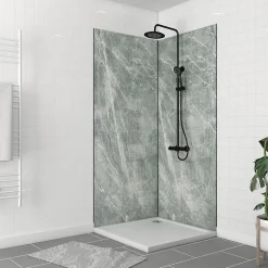 Pack de 2 panneaux muraux de salle de bains, vert effet pierre avec profilés noirs, l.90+90 x H.210 x P.0,3 cm, Homestone-Galedo Outlet